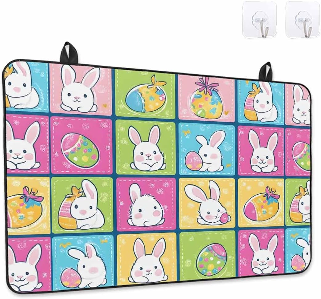 Cartoon Bunny Stove Cover for Electric Stove, Easter Rabbit Egg Stitched Plaid Stove Top Cover for Glass Top, Heat Insulation Rubber Mat Foldable Cooktop Top Protector, 28.5"x20.5"