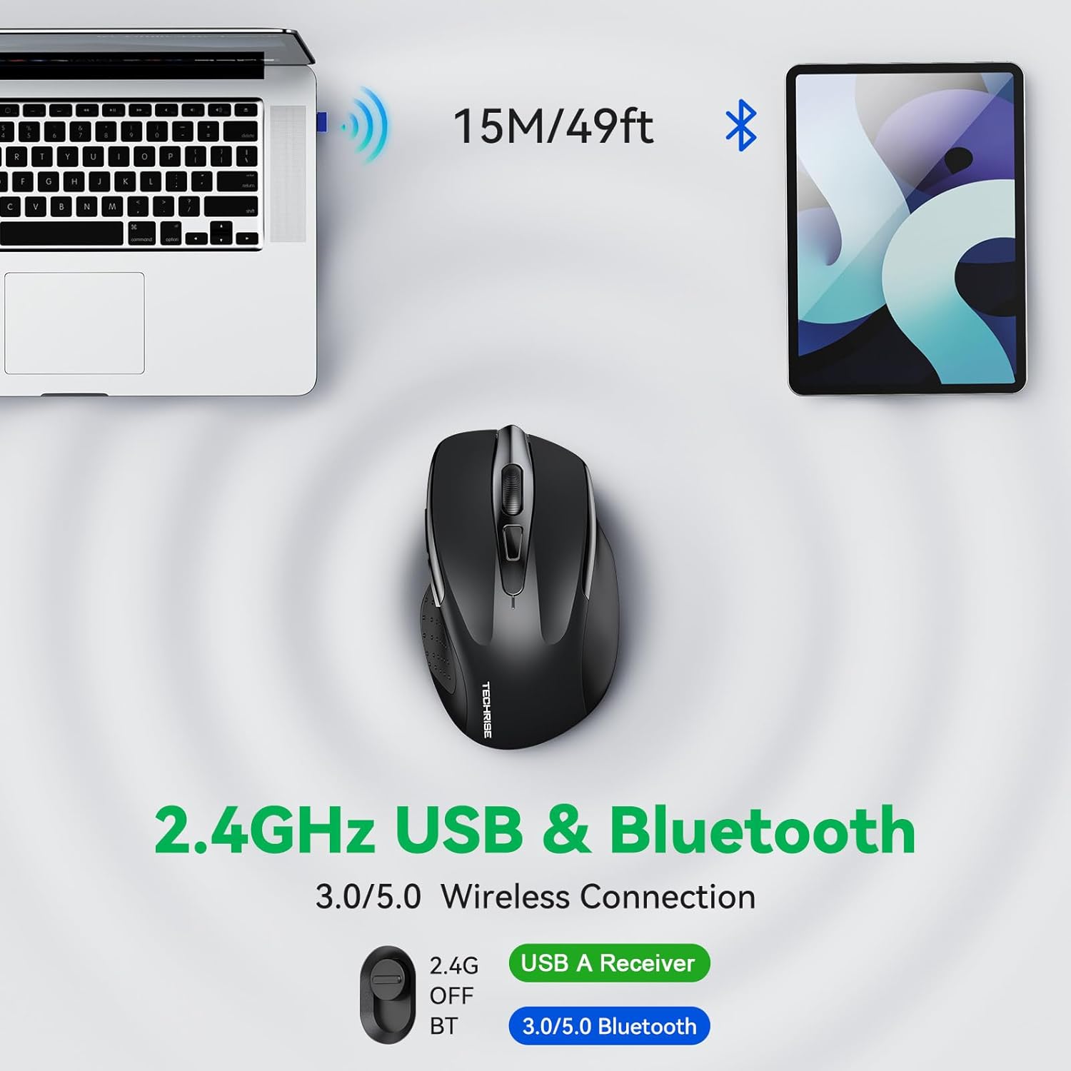 TechRise Bluetooth Mouse (BT5.0/3.0 & 2.4G) Rechargeable Wireless Mouse, 4800 DPI Optical Tracking, 6 Adjustable DPI, 2.4GHz with USB A Receiver, Quiet Clicks, Ergonomic Grips, 6 Buttons - Black