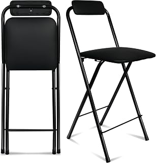 Folding Bar Stool with Back, 1 pcs Tall Foldable Stool Chair Portable Collapsible Stool for Adult Counter Height Seat Leather Padded Kitchen Shop Comfortable Sturdy