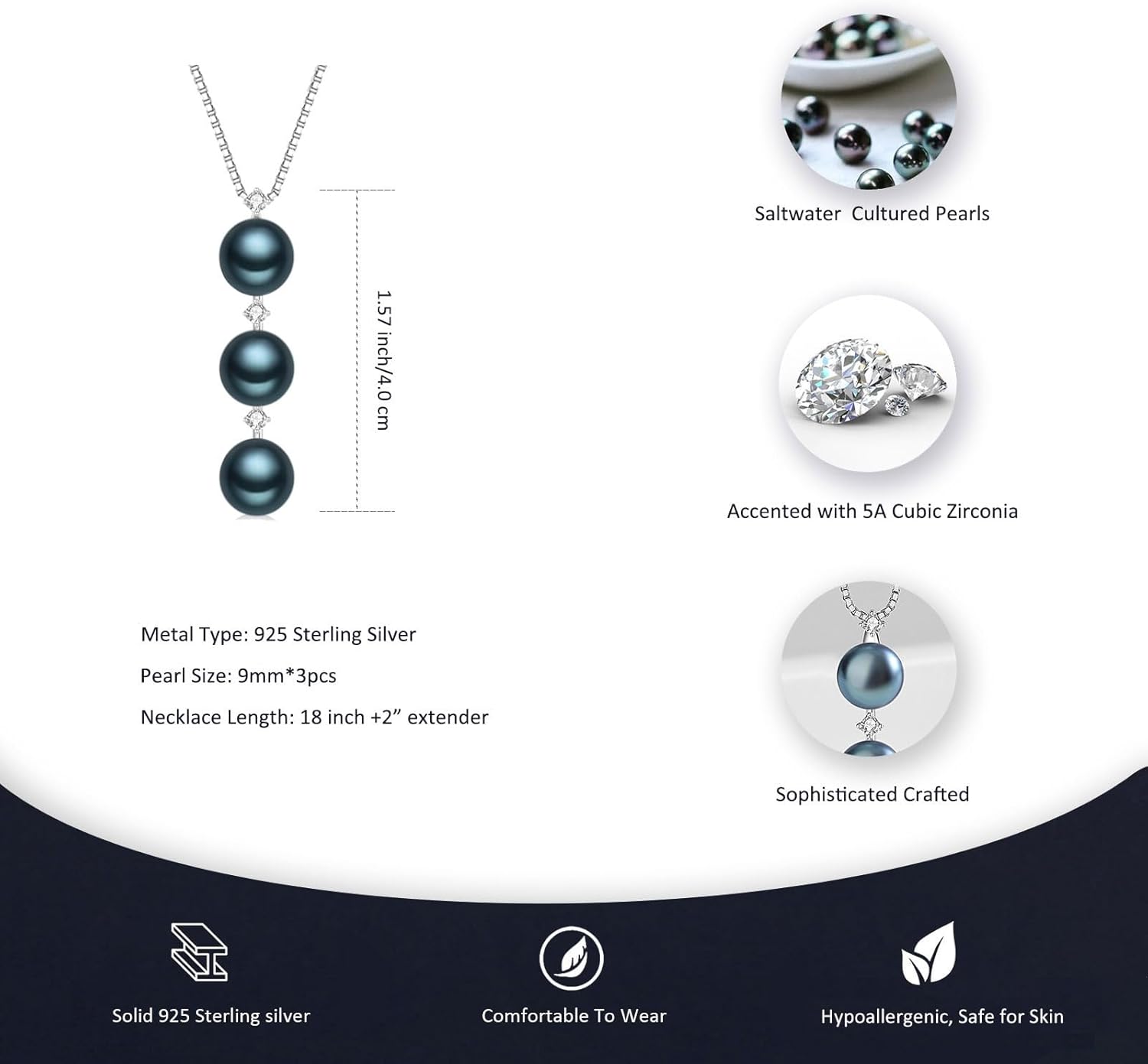 Black/White/Gold/Grey Pearl Necklace for Women, Sterling Silver Pendant Necklace, Handpicked Genuine Saltwater Cultured Pearls, Womens Chain 18+2 Inch Adjustable, Jewelry Gifts for Mother Wife