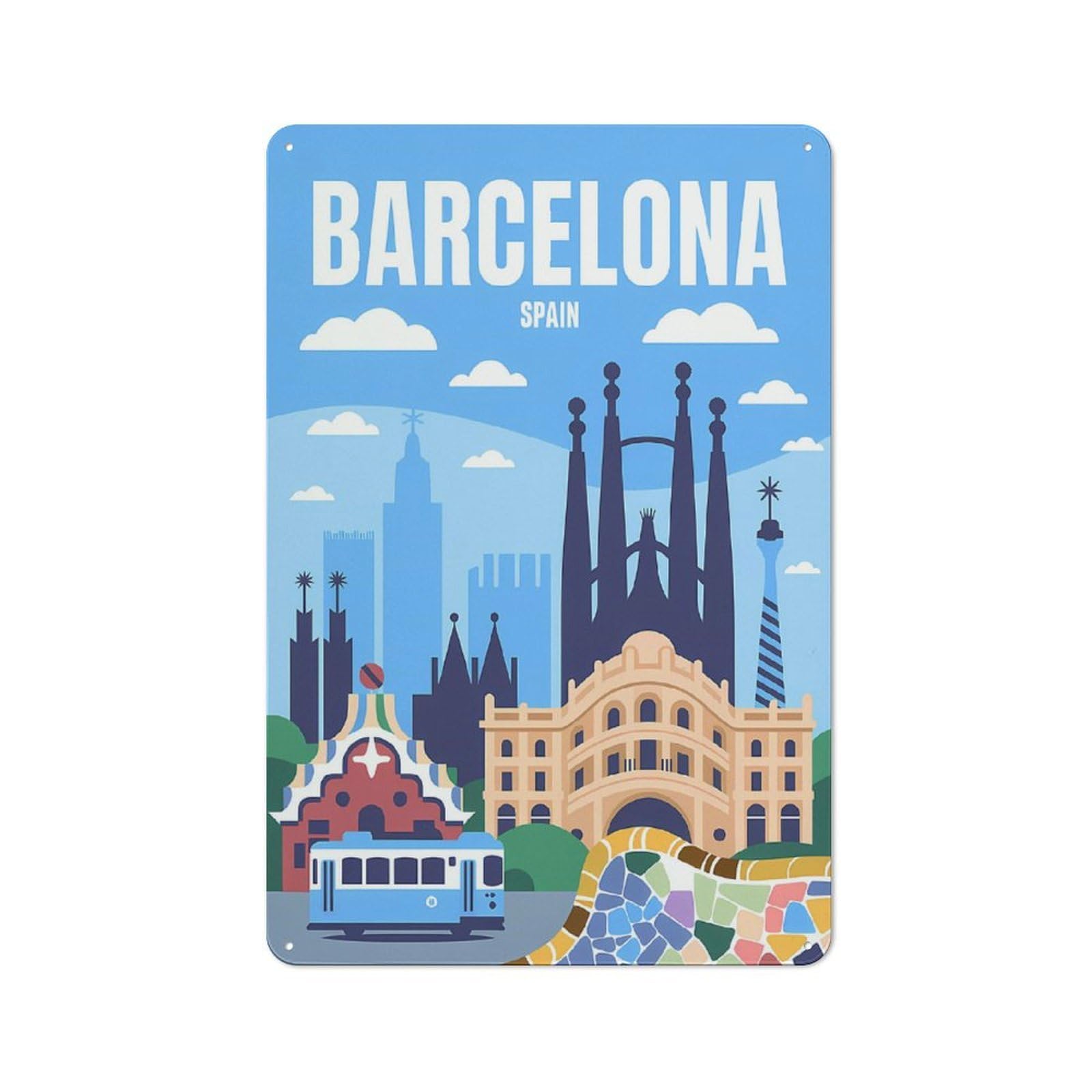 Junmoney Style Barcelona, Spain Travel Vintage Metal Wall Sign 30X20cm For Kitchen Or Home Bar, For Garage, Workshop And Man Cave Decoration