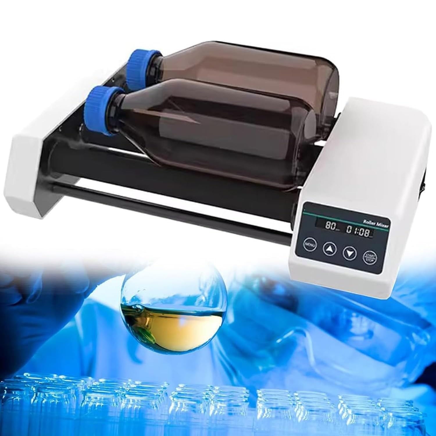 Mikser rolkowy laboratoryjny, cyfrowy mikser do pojemników 45-100 mm, 4 rolki, regulowana prędkość 20-80 obr./min, maksymalna pojemność 2 kg do mieszania chemicznego i biologicznego