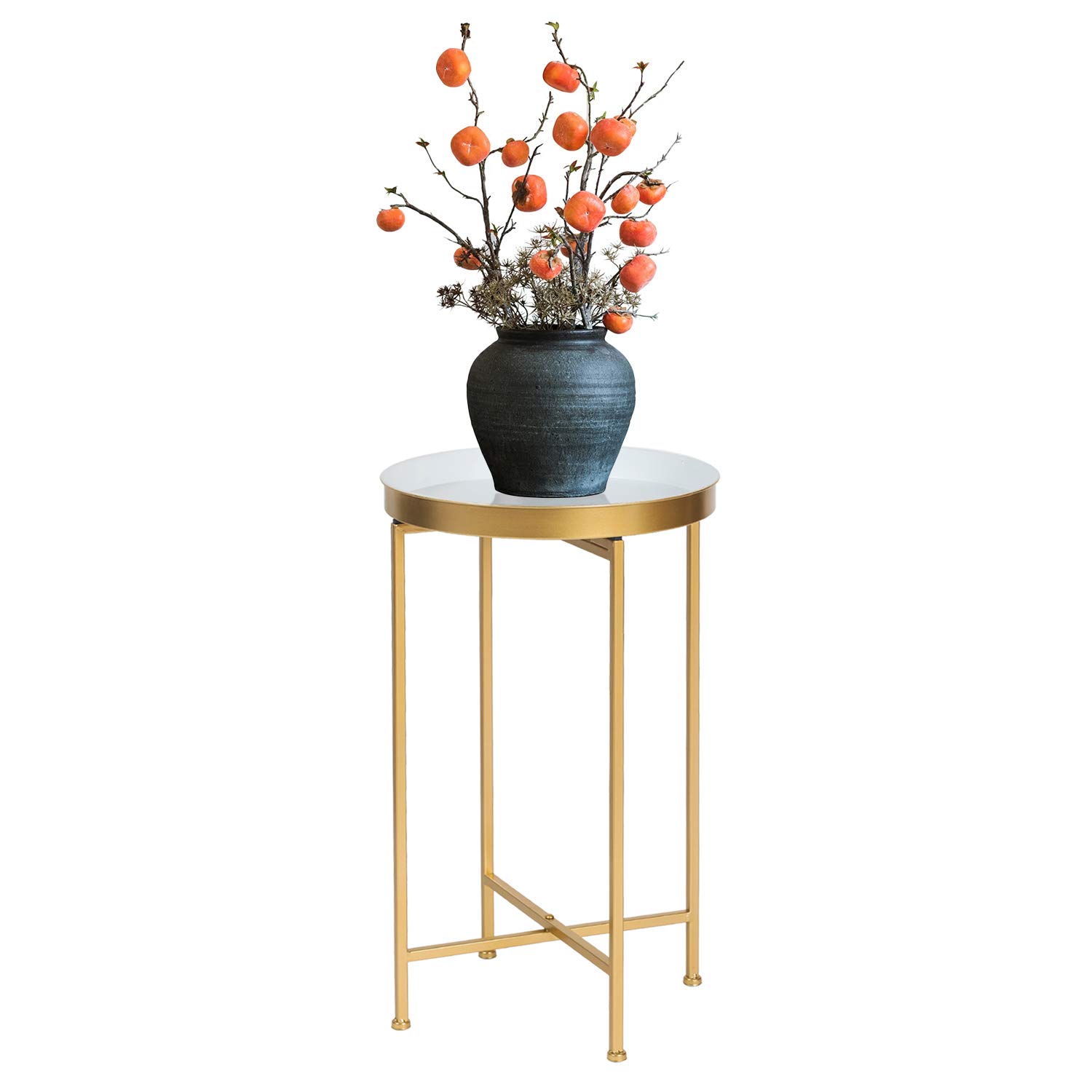 Adeco Modern Round Side End Accent Table 25.7 inch Tall for Living Room (Gold, White Tray)