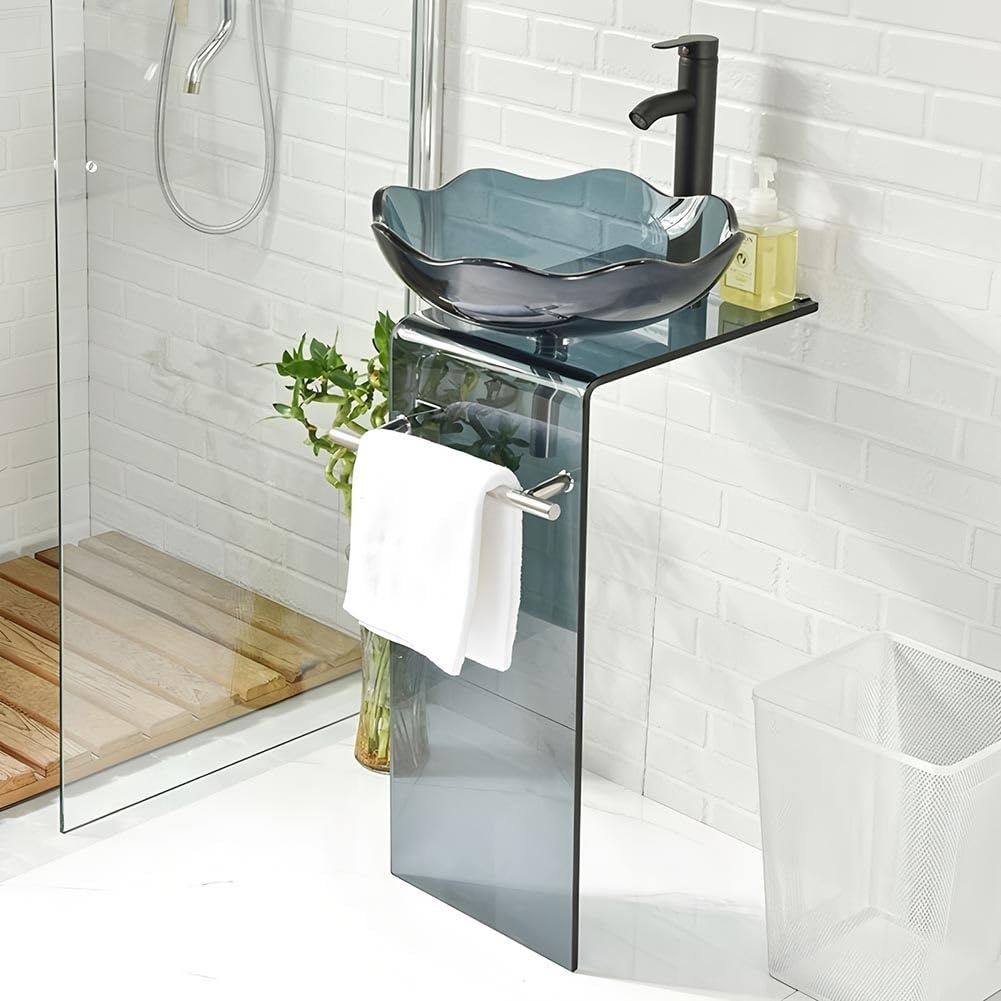 CSXSXAUO Tempered Glass Vessel Sink with Faucet Column for Space-Saving Bathroom Design