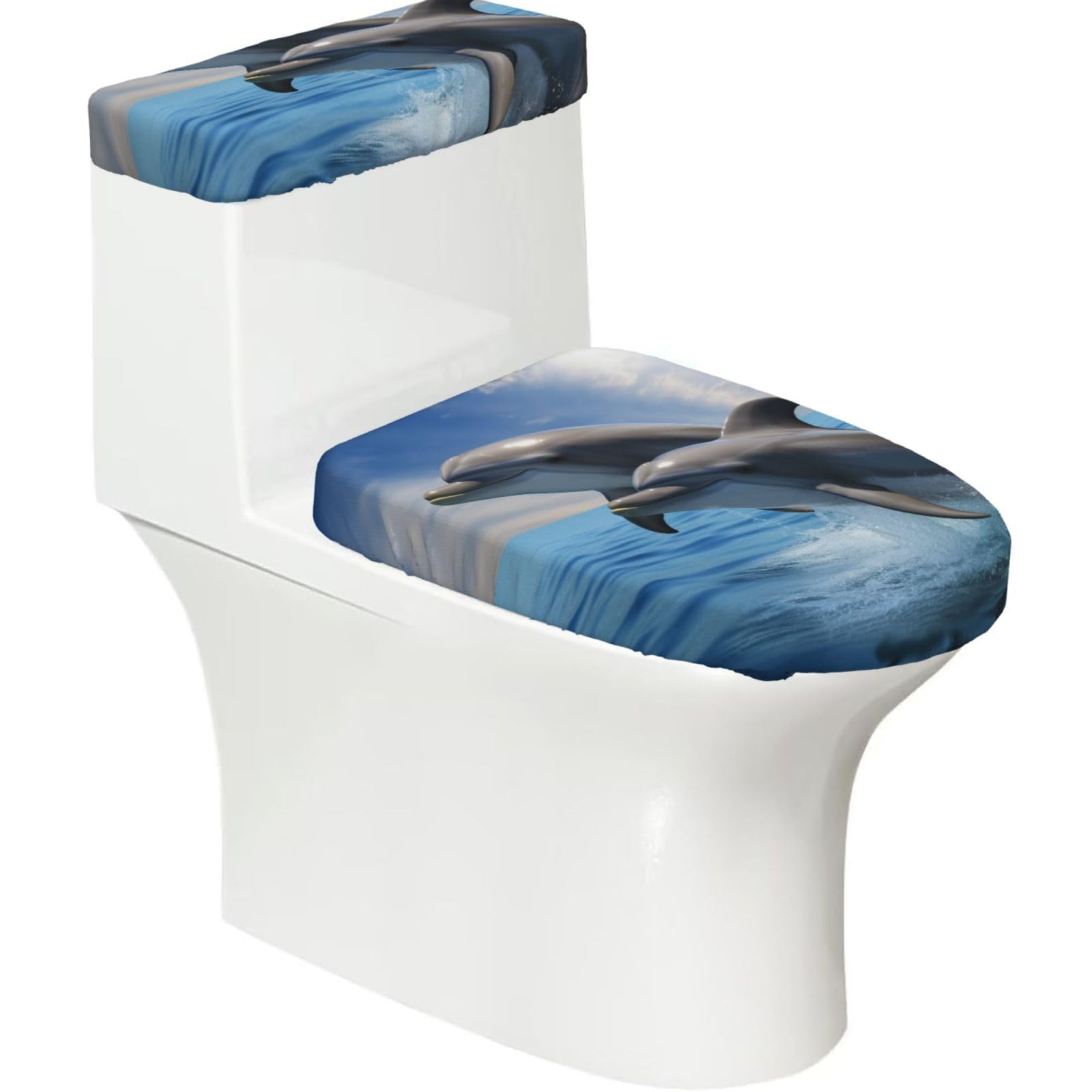 Fodpand Black Two Dolphins Toilet Lid Cover And Toilet Tank Cover Set, Washable Soft Toilet Seat Cover With Elastic Bottom, Universal Stylish Toilet Cover Set For Bathroom Decor Accessories