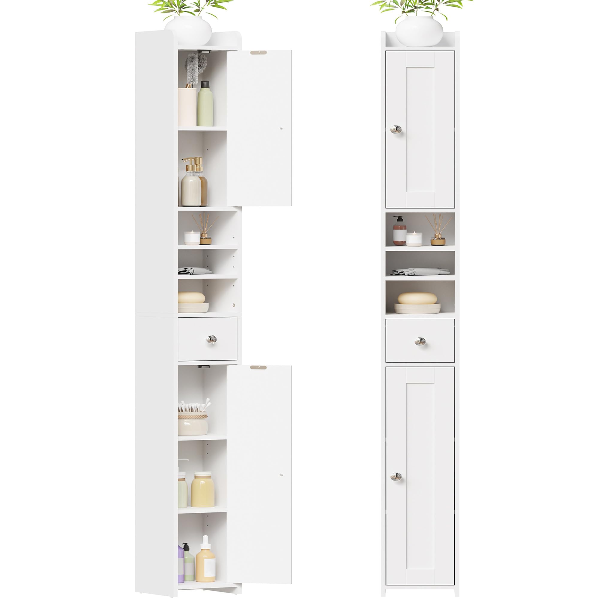 BEWISHOME Armario Alto de Baño,Mueble de baño Alto y Estrecho, Mueble Auxiliar baño,con Estantes Ajustables, Compartimentos Abiertos, para Espacios Pequeños, Moderno, Blanco EYYG07W