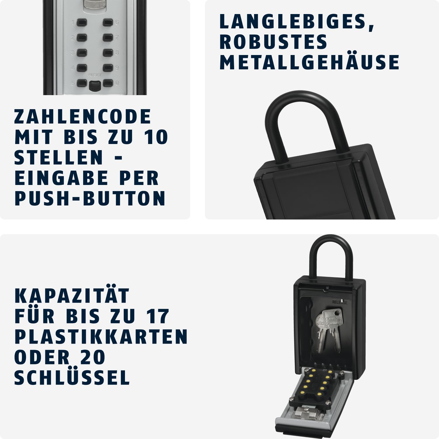 ABUS KeyGarage 777 - Schlüsselbox mit Bügel zur Befestigung - mit Tastencode - für Schlüssel oder kleine Wertgegenstände - Schwarz-Silber | Schlüsselsafe für bis zu 20 Schlüssel, wetterfestes Metallgehäuse, 1- bis 10-stelliger Code, ideal für Ferienwohnun