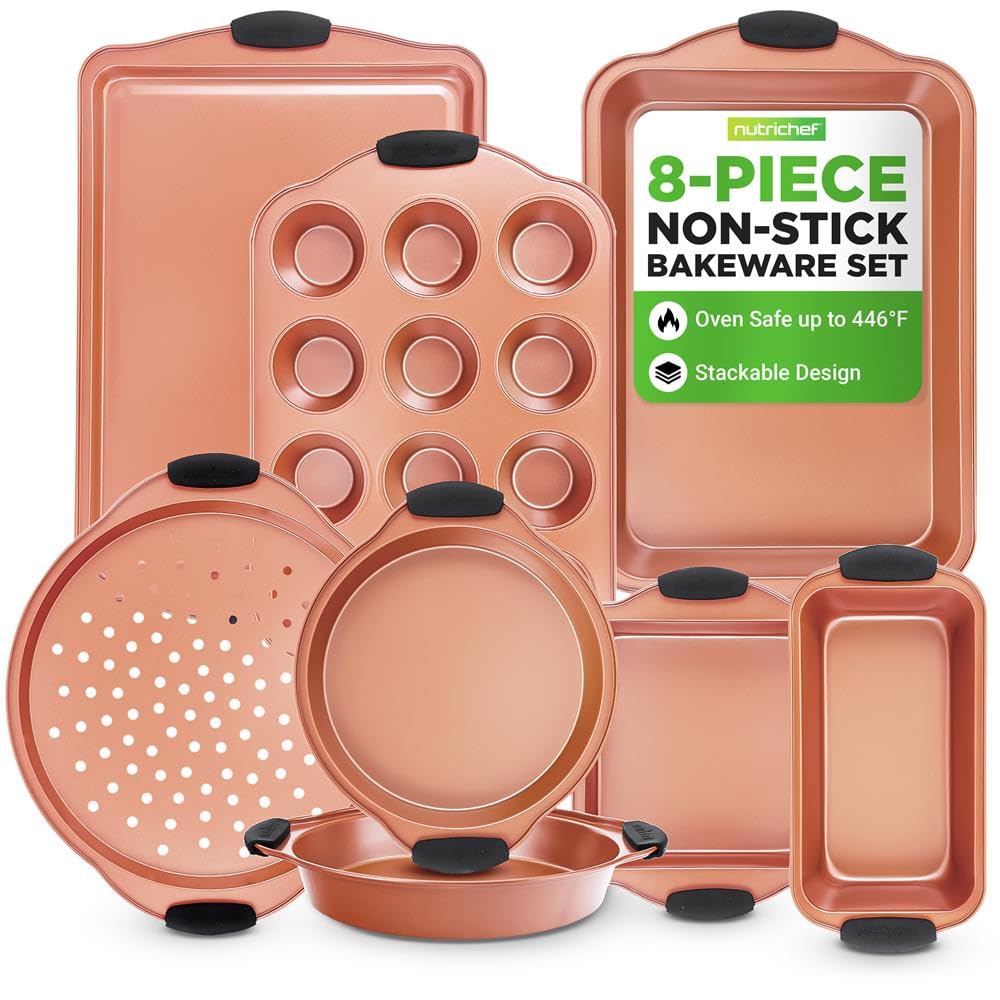 NutriChef Backformen Set 8-teilig, Antihaft mit Silikongriffen- Stapelbar & Spülmaschinengeeignet, Für Kuchen Muffins Brot & Springform, Ideal für Hobbybäcker, Familien und Partys