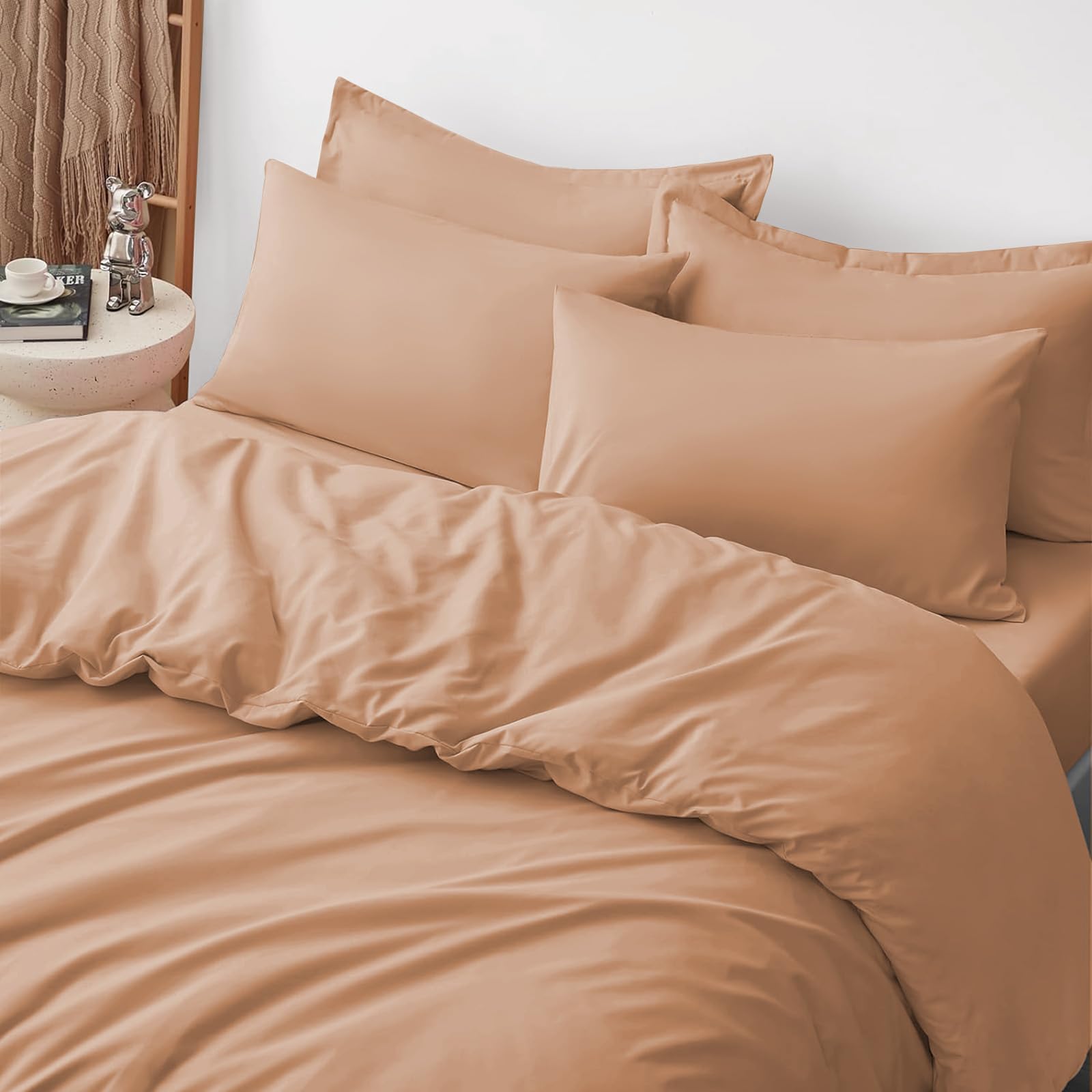 Oxford Homeware Double Duvet Set Peach Brushed Microfiber 4 Piece Double Bedding Set including Fitted Sheet and Pillowcases Soft Breathable Duvet Cover Sets - Image 2