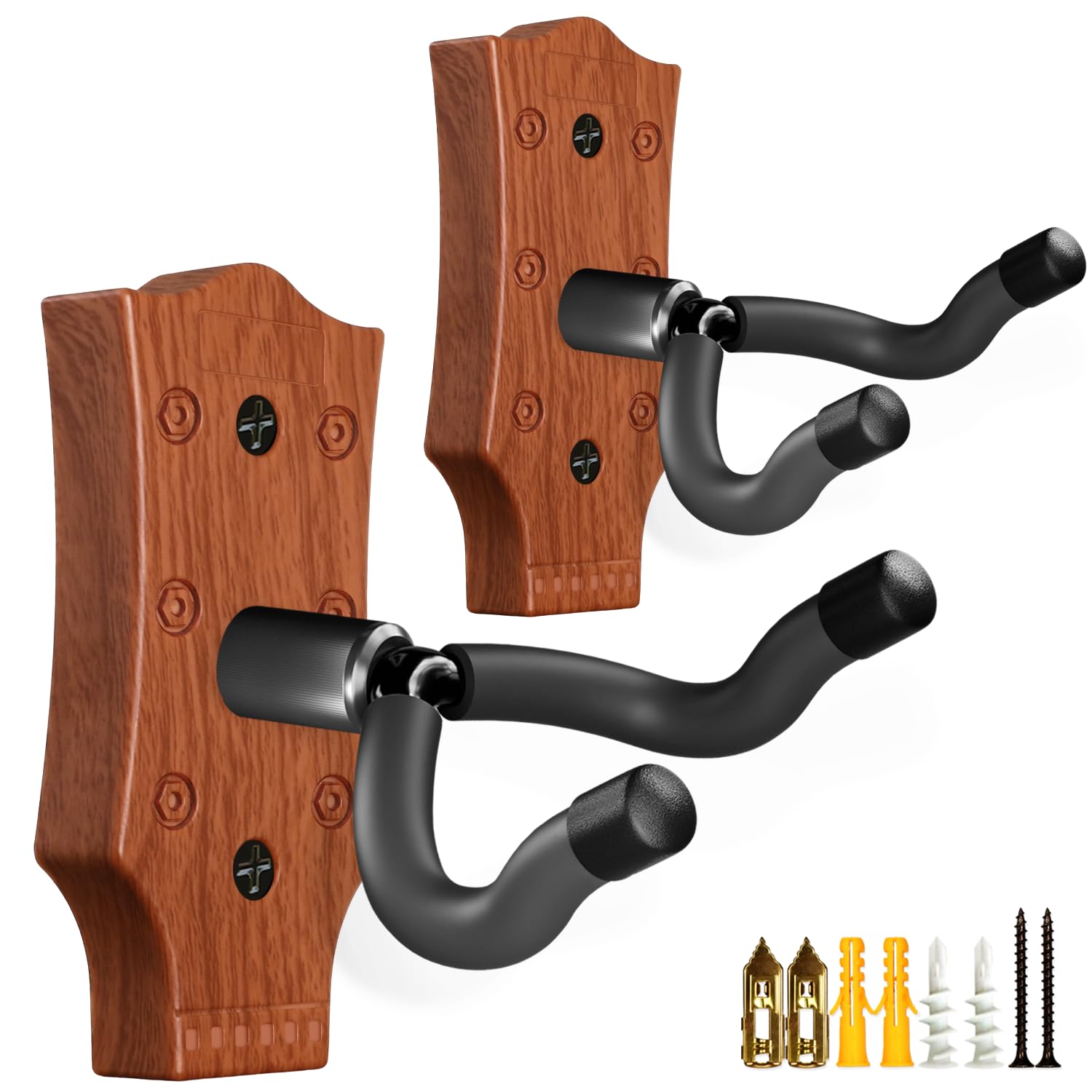 Guitar Wall Mount 2 Pack, Guitar Hanger, UShaped Guitar Wall Hanger Mount Guitar Holder Hook Wall Mount Guitar Accessories for Acoustic, Electric Guitar, Bass, Ukulele with 5 Picks (Walnut Color II)