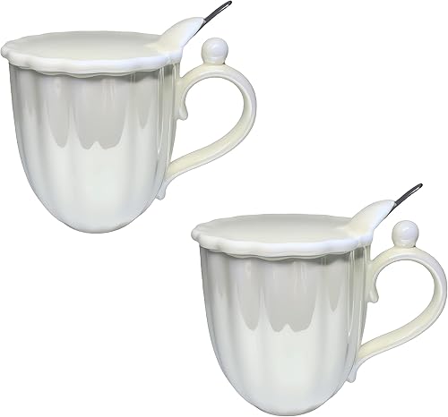 Juego de 2 tazas de café de 14 onzas, tazas de cerámica con concha de perla con tapa y cuchara para bebidas, capuchino, café con leche, leche y té,
