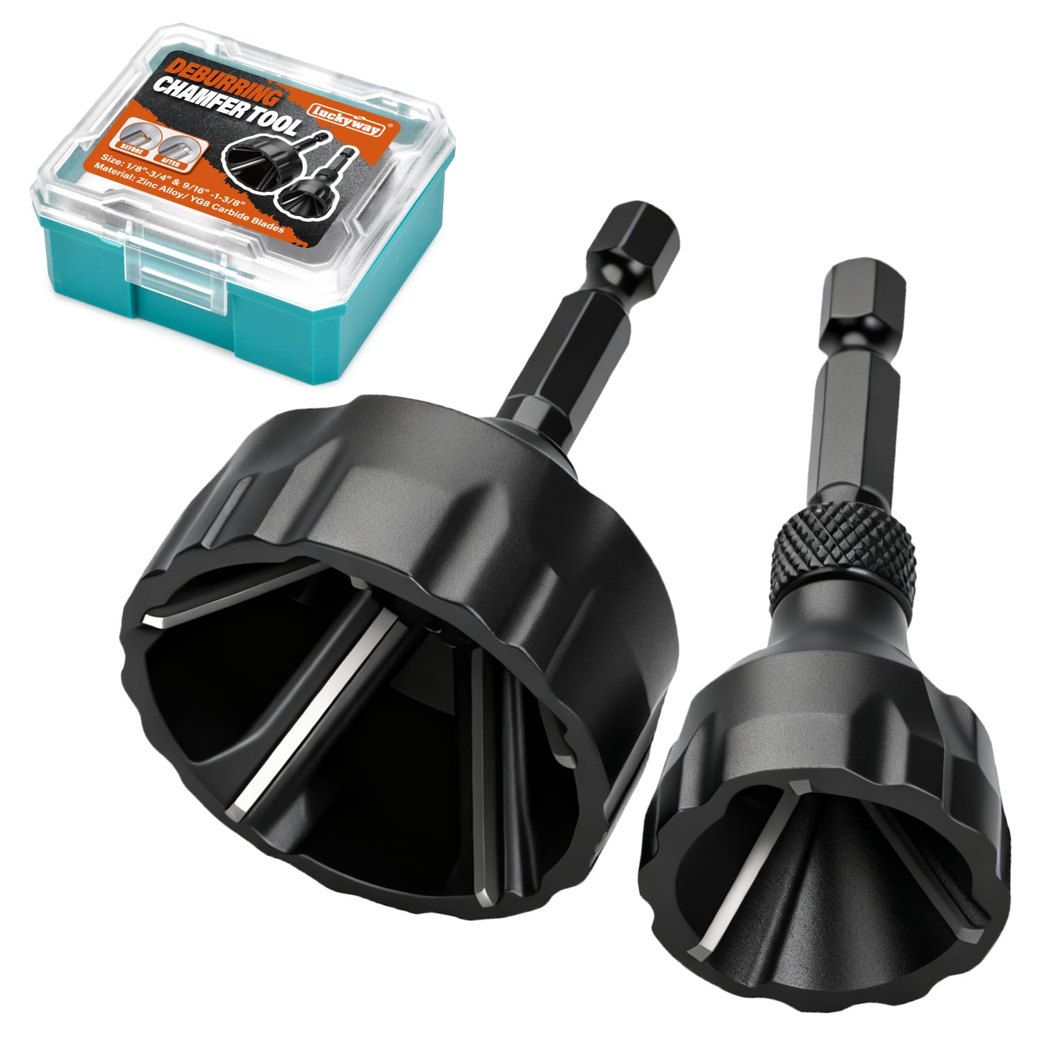 Luckyway 1/8"-1-3/8" Deburring External Chamfer Tool Set 2-Piece, Tungsten Carbide Blade, Deburring Drill Bit, Remove Burr Tools, Repairing Damaged Metal Steel Screws, Bolts and Fasteners