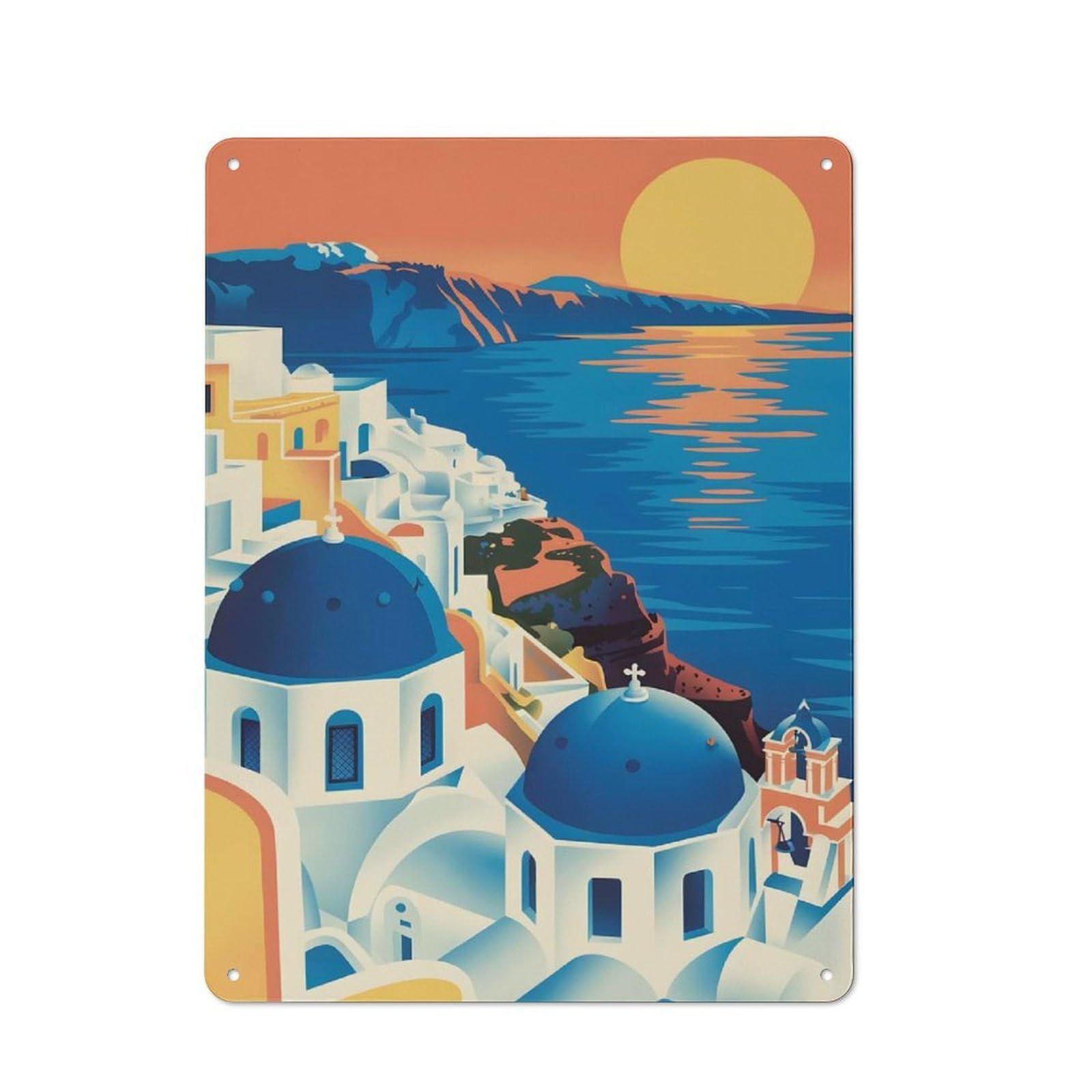 Junmoney Style-15 Vintage Tin Sign 40X30cm With Santorini Greece Illustration(2) For Guest Room Or Hallway, For Retro Home Interiors, For Garage And Workshop Walls