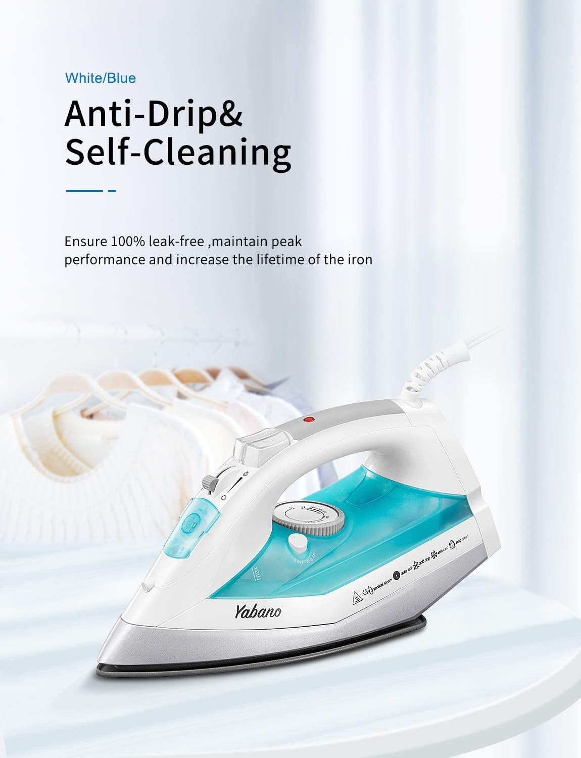 Yabano Steam Iron, Professional Iron for Variable Clothes Fabric, Anti-Drip, Anti-Calc, Variable Temperature and Steam Control, Iron with Large Water Tank, Lightweight, Teal