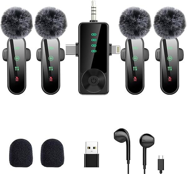 Micrófono de solapa inalámbrico 3 en 1/Cuatro en uno para iPhone, iPad, Android, Cámara, computadora, micrófono de grabación con reducción de ruido y baja latencia, para Vlog/TikTok/YouTube en vivo (versión 4 micrófonos)