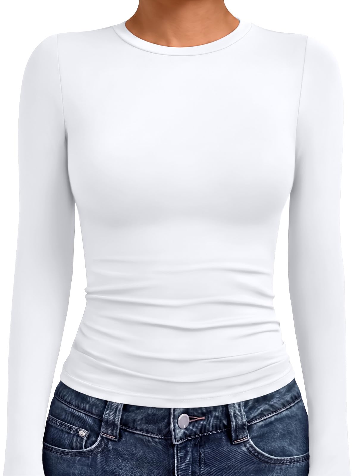 AUTOMET Womens Crew Neck Long Sleeve Shirts Compression Underscrubs Tops | Gym to Street, High Stretch, Buttery-Soft, Pairs with Jeans or Skirts, Travel Ready Staple, Versatile Layering Staple