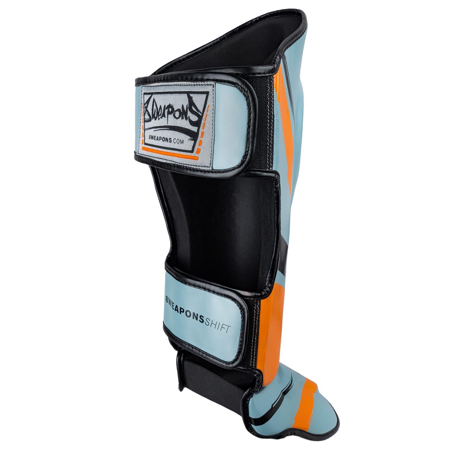 8 WEAPONS Espinilleras Shift, color gris hielo naranja, entrenamiento y competición, piel sintética de alta calidad y amortiguación perfecta, Muay Thai, K1, MMA, karate y kickboxing