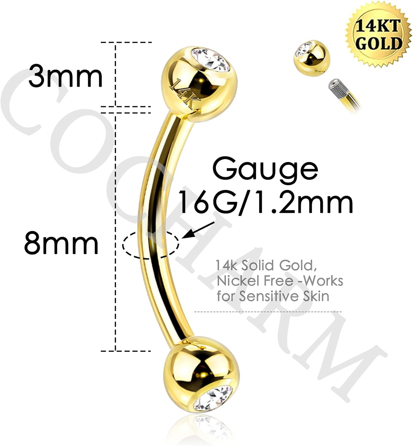 COCHARM 14K Yellow Gold Eyebrow Rings 16g Real Gold Eyebrow Piercing 8mm Solid Gold Eyebrow Barbell 16g Cute Yellow Gold Rook Earrings 14K Gold Rook Barbell