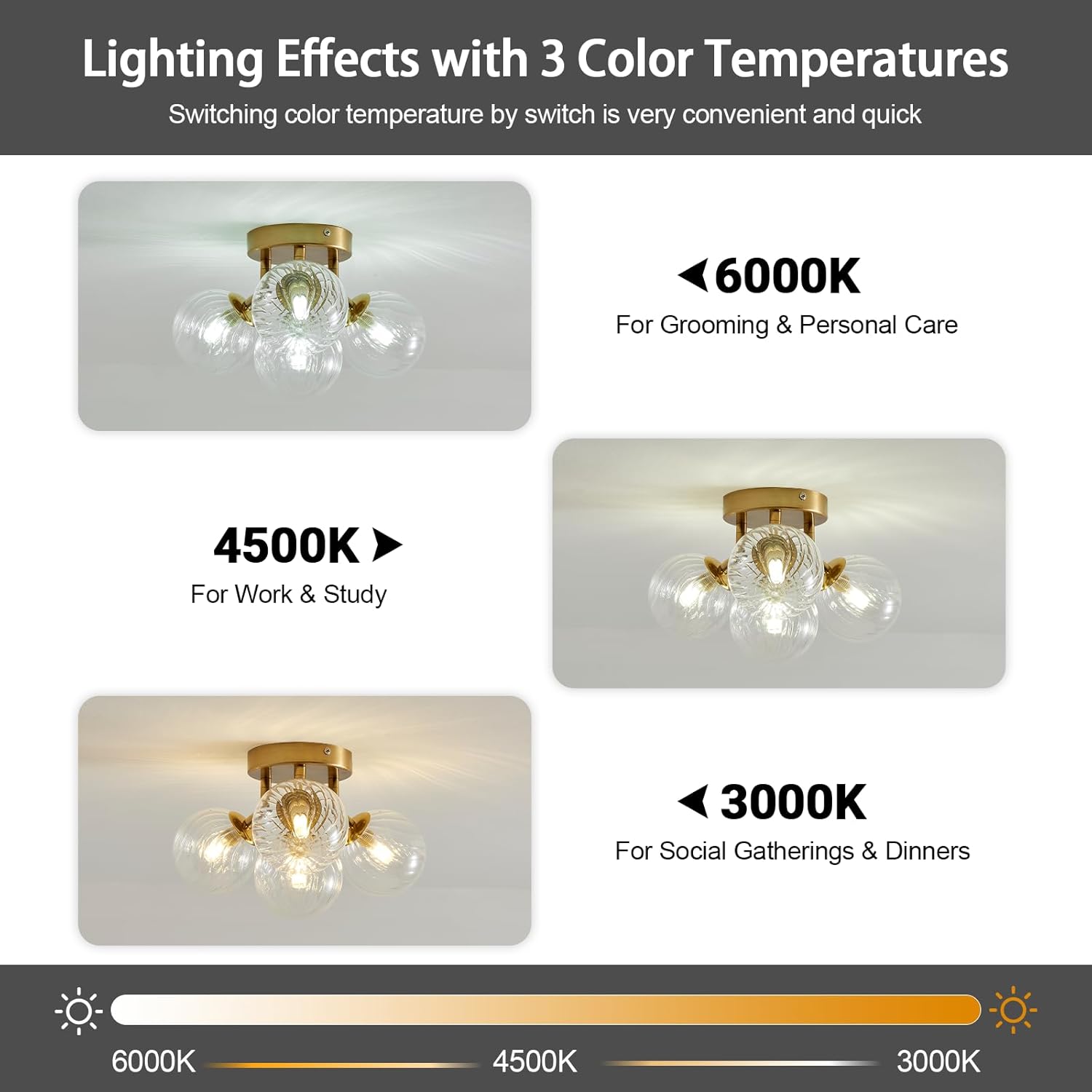 Semi Flush Mount Ceiling Light - Globe Bubble Glass Light Fixture, Mid Century Gold Ceiling Chandelier for Bedroom Hallway Entryway Kitchen Living Room-Bulb not Included