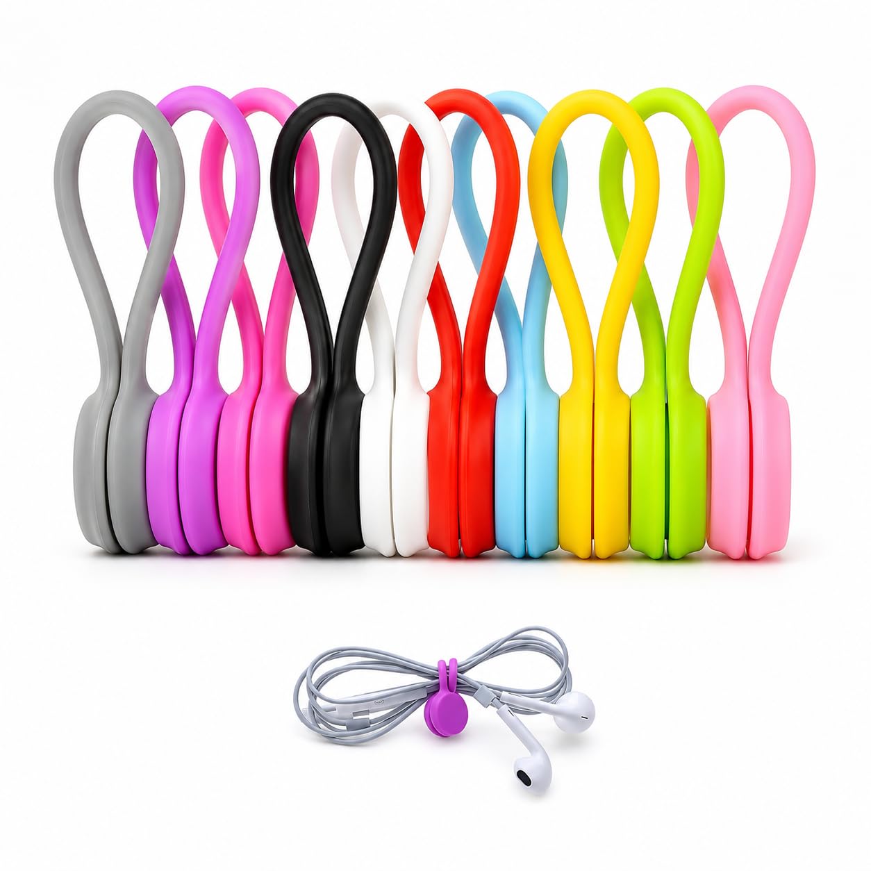 10PCS Reusable Magnetic Cable Ties for Cable Management, Coloured Cable Ties and Magnetic Clips for Cable Tidy Clips, Headphone Wires, USB Charging Cords, Office Home Organiser