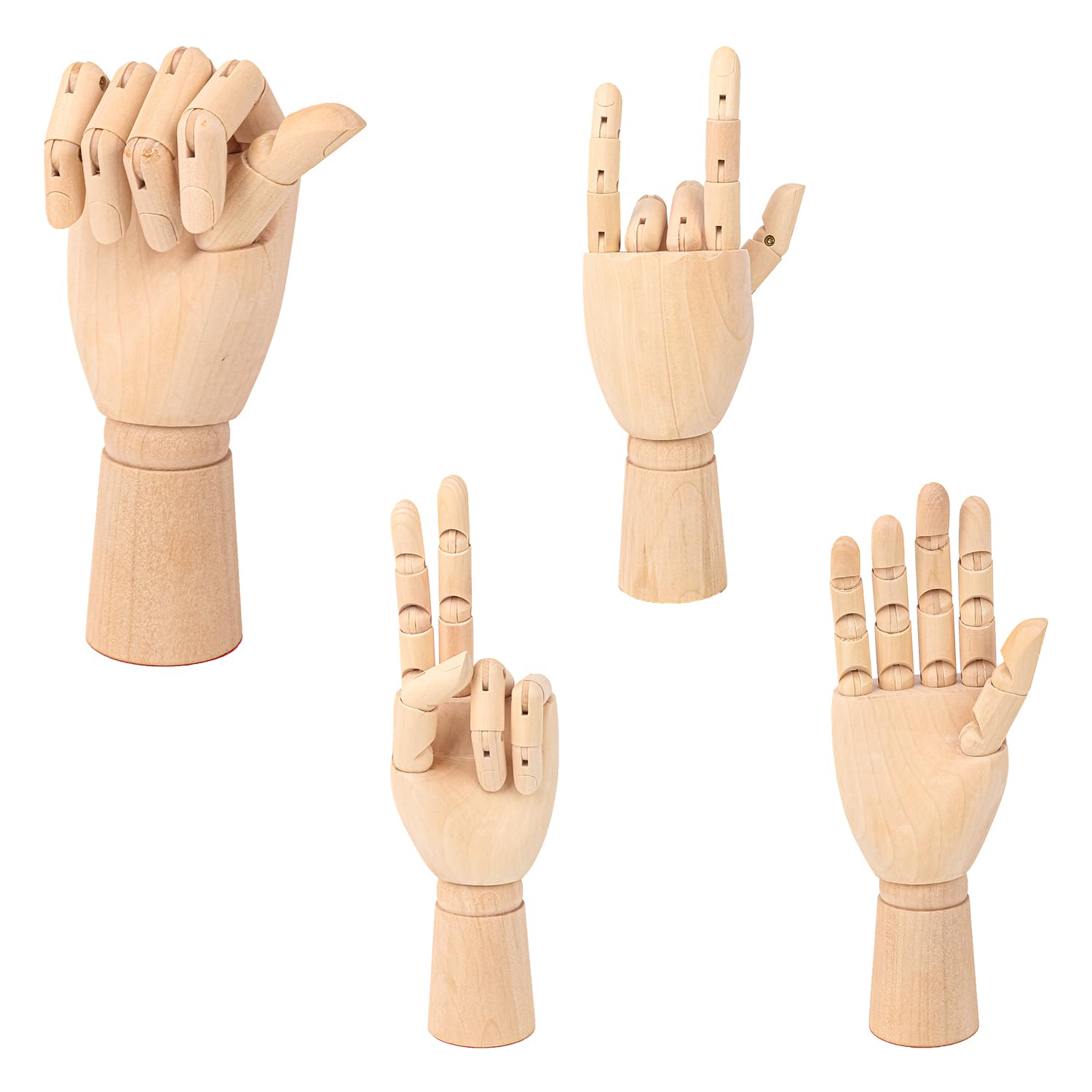 4 Stück 17,8 cm Holzhandmodell, flexible linke und rechte Holzkunst-Mannequin, Holzkünstler, Handmodell, Holzpuppe Hand zum Skizzieren, Malen, Probendisplay und Heimdekoration