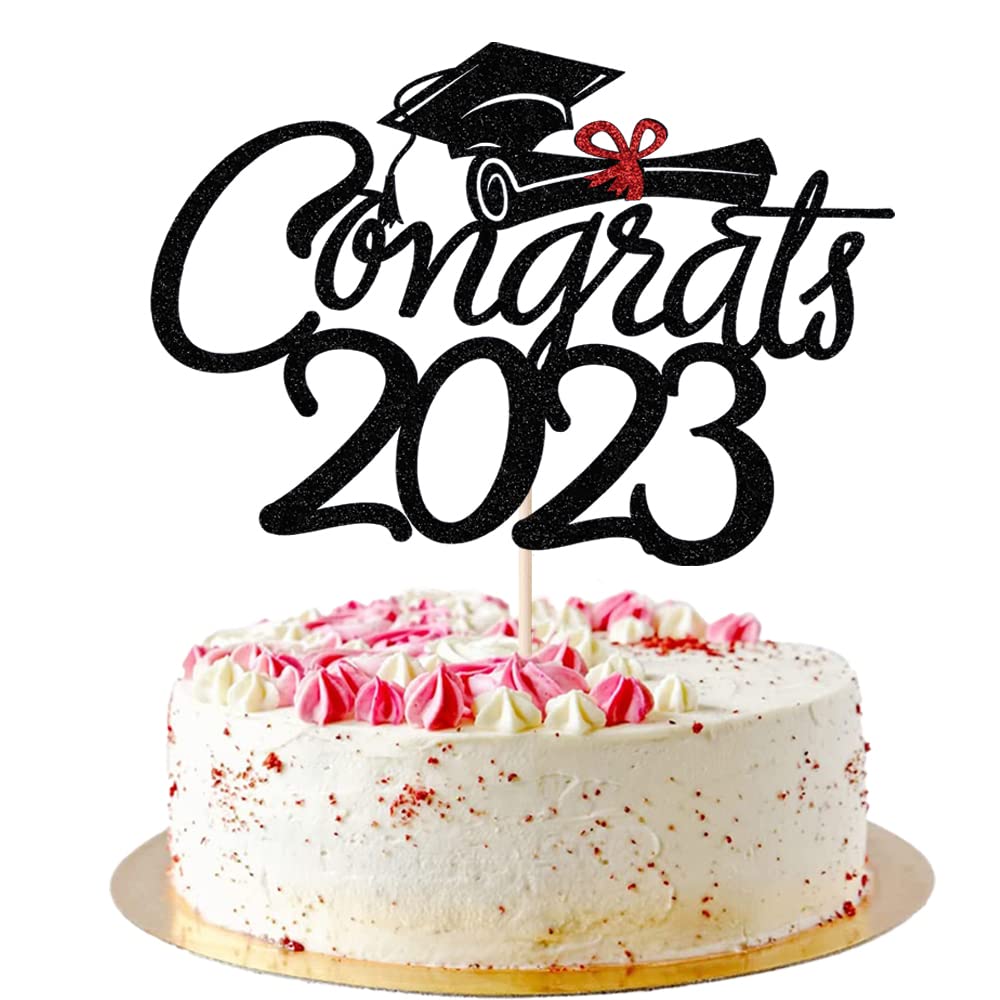 AROKIPPRY black Glitter Congrats Cake Topper - Congrats Grad Cake Decor - 2023 High School/College/Senior Graduation Party Decorations Supplies (3)