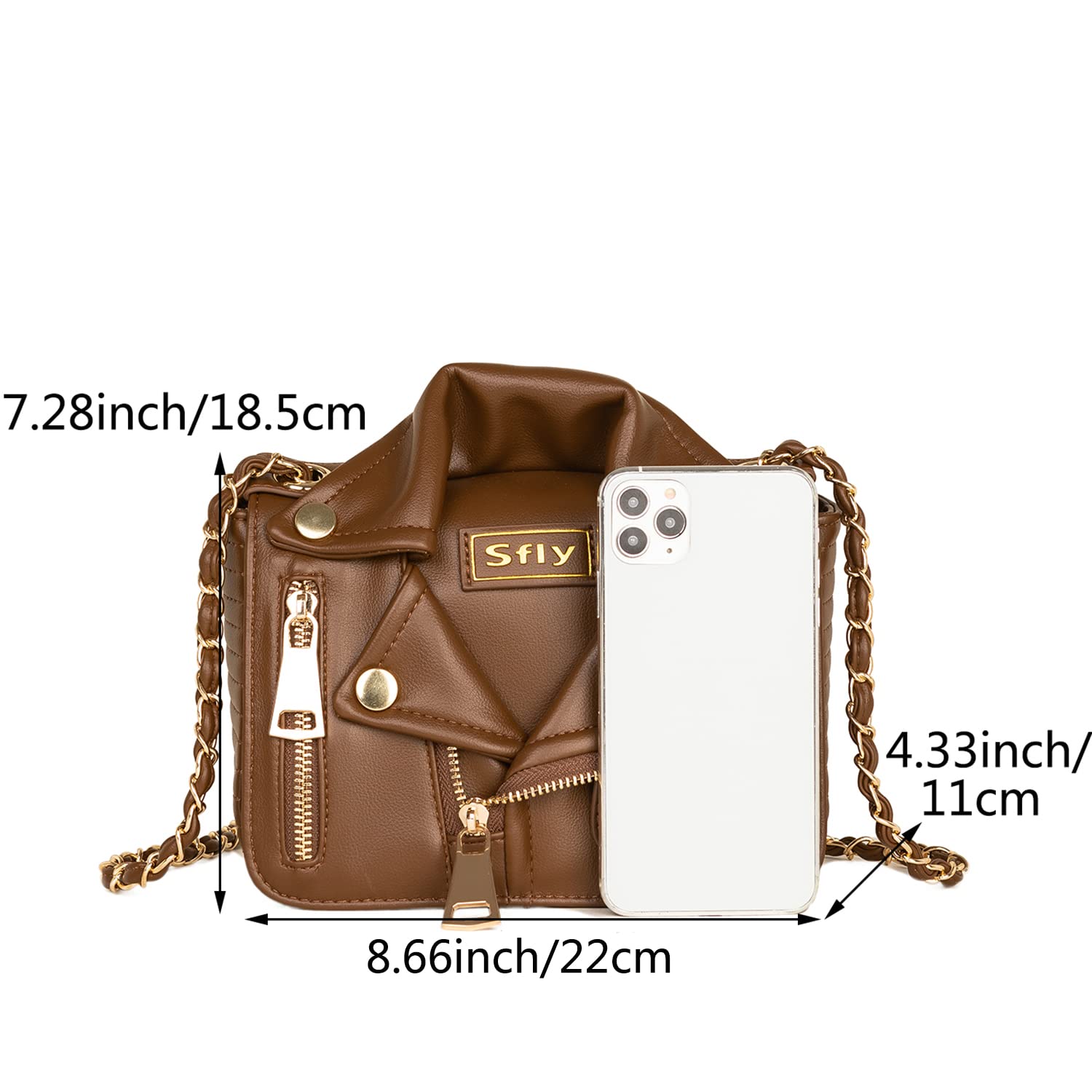 Sfly - Bolso bandolera de piel con cadena, tipo cartera, de mano, de noche, original, con forma de chaqueta, para mujer., A-Marrón, Medium
