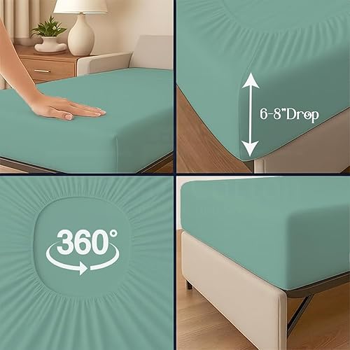 Miniatura 37 de Juego de 4 piezas para sofá cama, 100% algodón de 400 hilos, sábana bajera con bolsillos profundos, suave, sin arrugas y transpirable, calidad