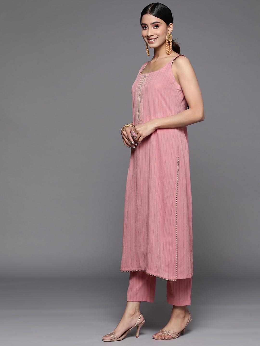 Varanga Women Mauve Straight Kurta With Tonal Bottom And Dupatta, Lace And Gotta Detailing On Yoke, Spaghetti Strap Design