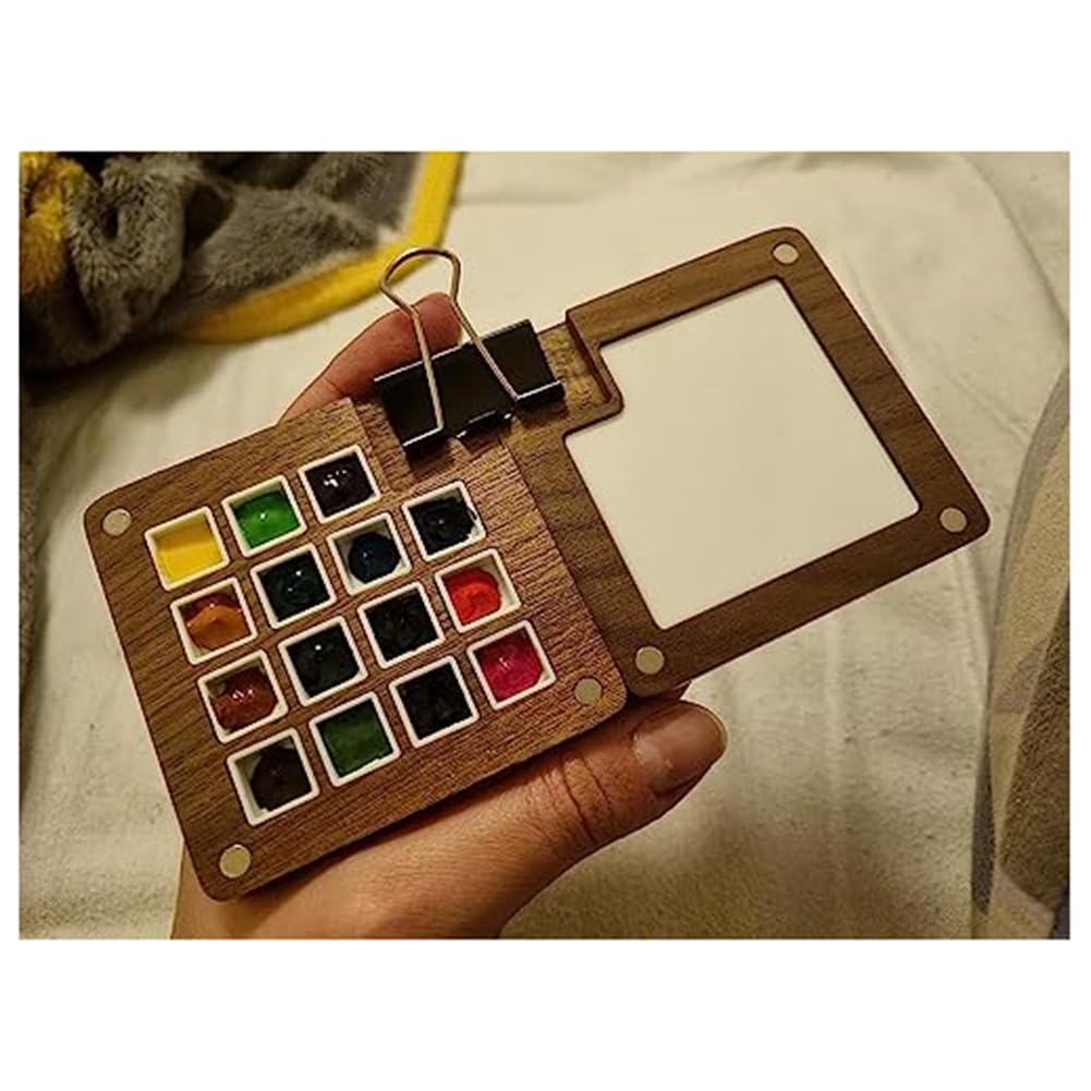 Mini Palette Aquarelle Portable En Noyer – 15 Grilles + Zone Mélange, Magnétique, Idéale Voyage & Plein Air (avec Clip)