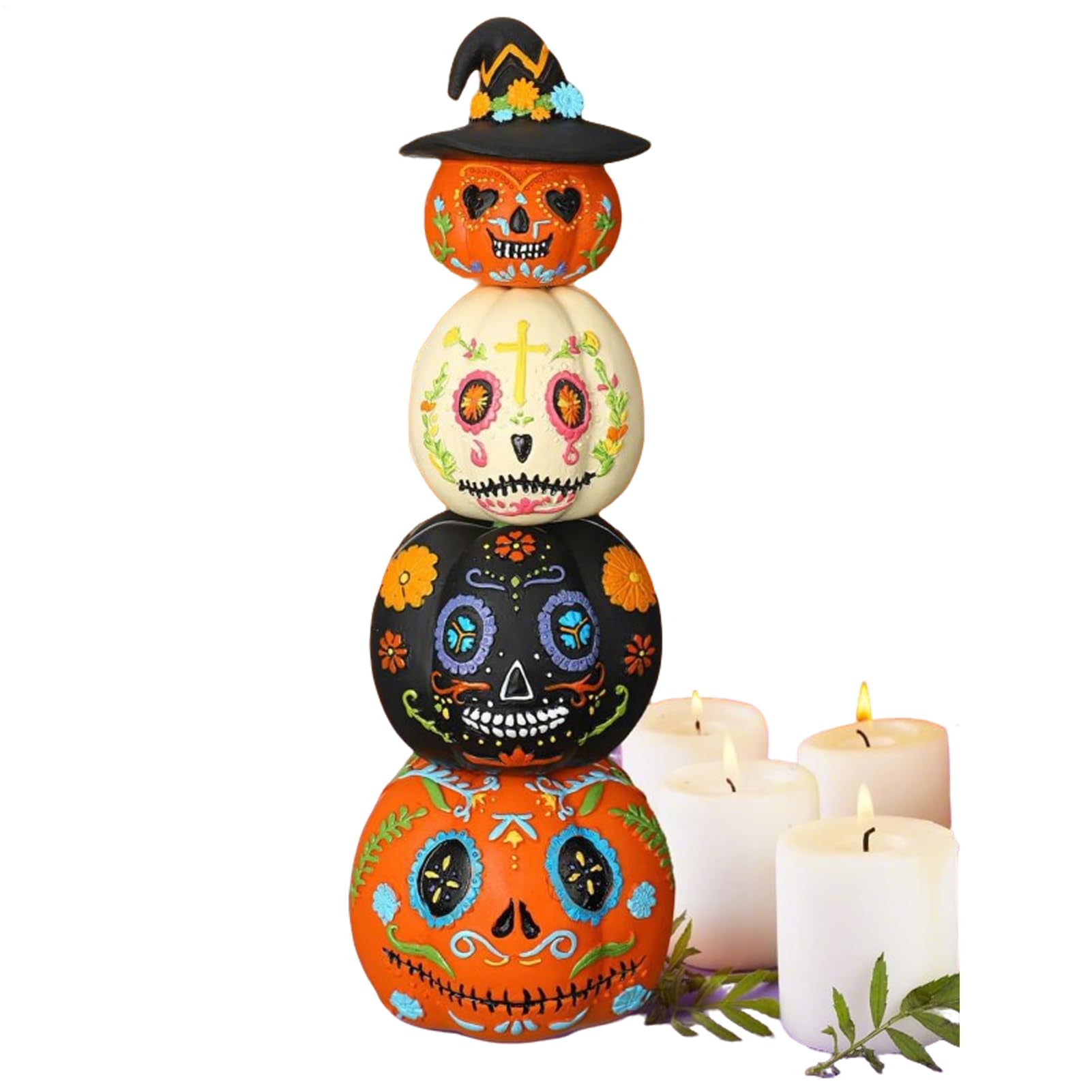 Citrouilles empilées Halloween et 4 figurines épouvantail en résine décoratives