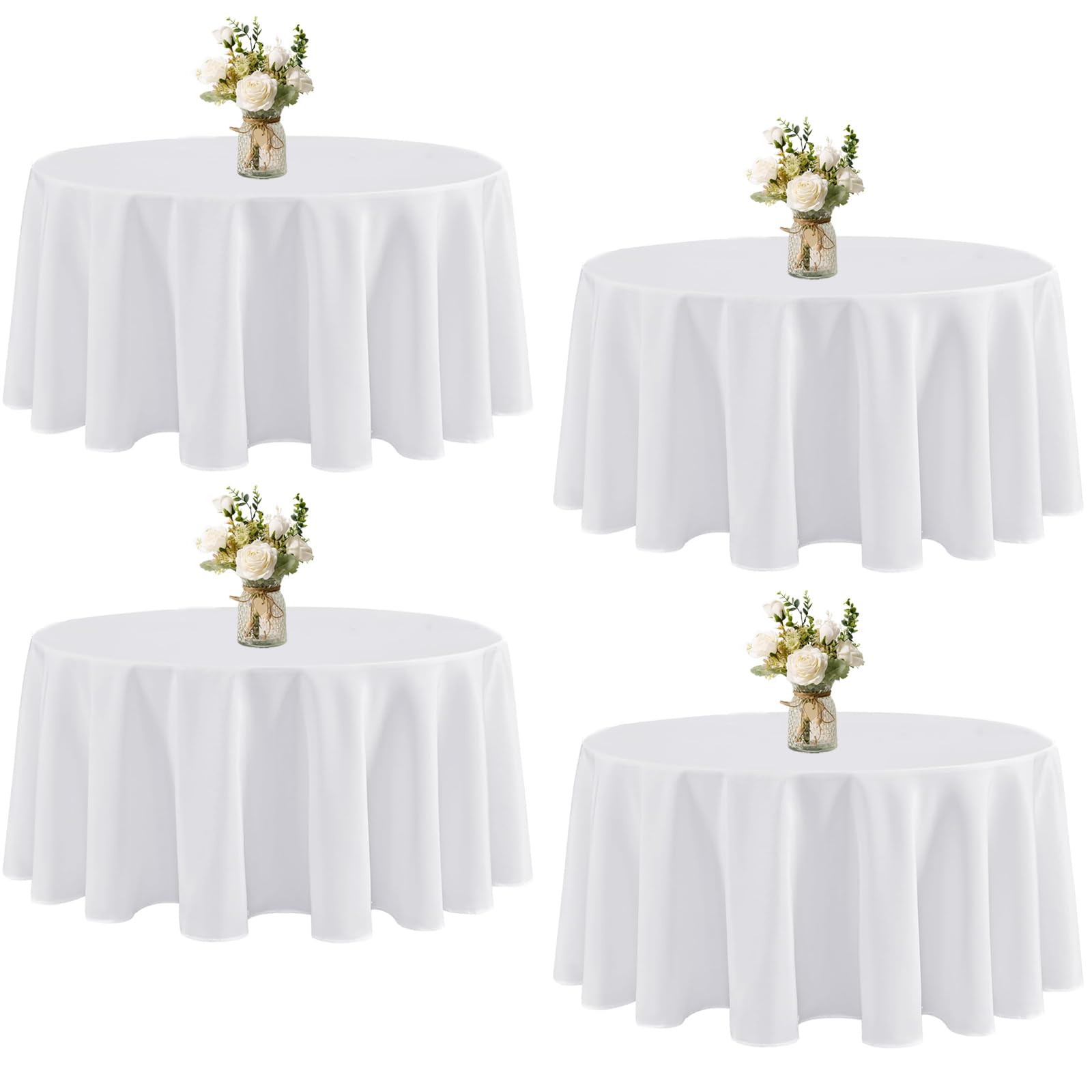 Photo 1 of 4 Pack White Round Tablecloths 120 Inch,Polyester Fabric Washable Table Cloth Cover for Party,Wedding,Reception Banquet Birthday Party Buffet Restaurant