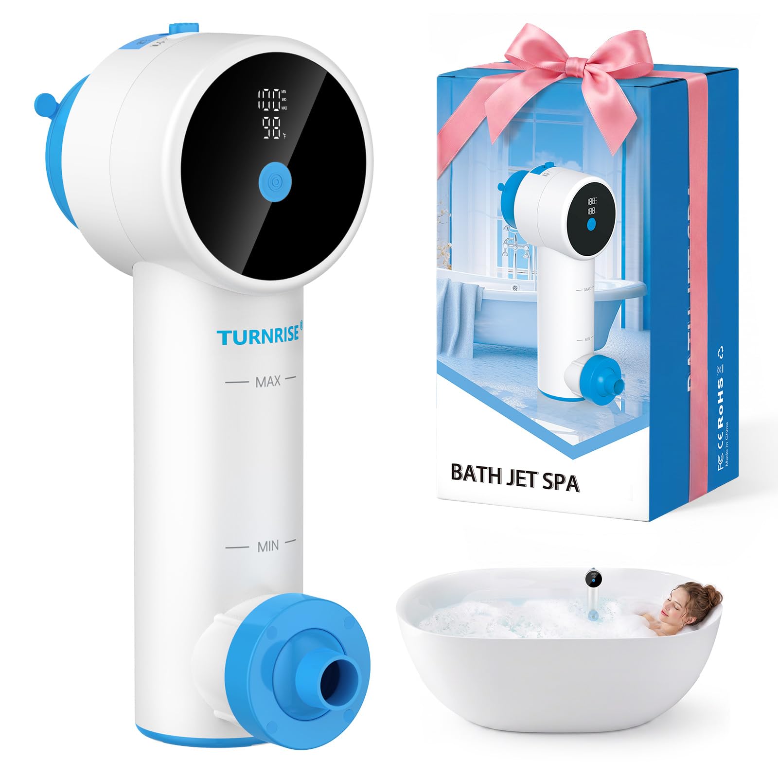 Bath Jet Spa – Spa doméstico inalámbrico para la bañera con 3 niveles de intensidad de masaje, masaje por chorros y modo de burbujas; incluye pantalla inteligente y soporte de ventosa