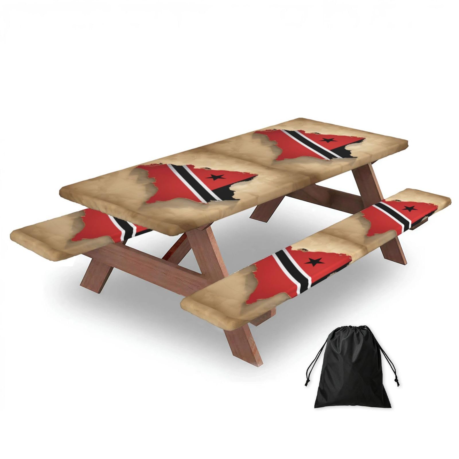 Duwaa Black Trinidad And Tobago Flag Map01 Print 183Cm Picnic Table Cover With Bench Covers, Waterproof Elastic Tablecloth Set For Outdoor