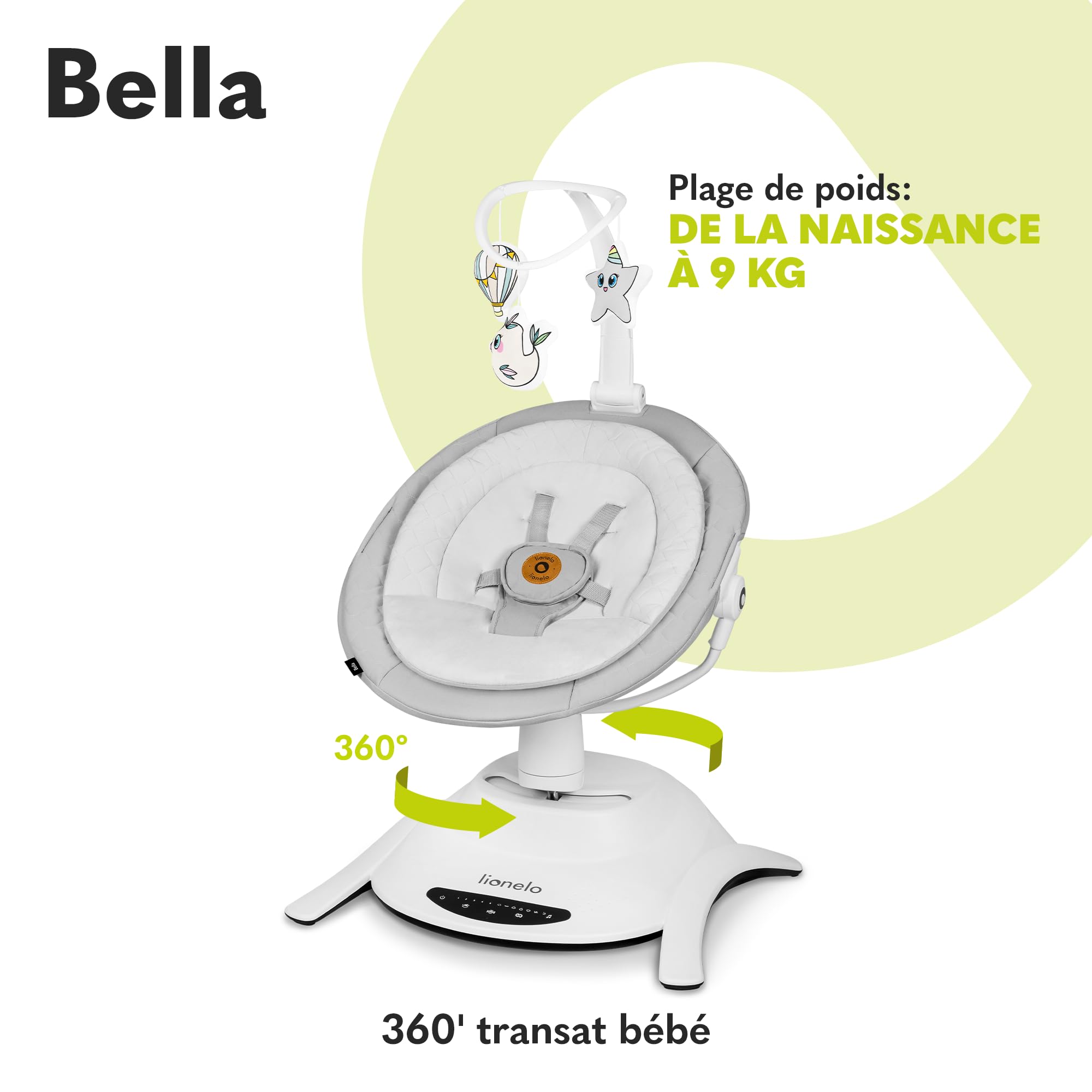 LIONELO Bella Balancelle Bebe Electrique Pivotante à 360° pour les Bébés jusqu'à 9 kg, Dossier Réglable, 5 Vitesses de Balancement, Ceintures de Sécurité, Détection de Mouvement, Antidérapante