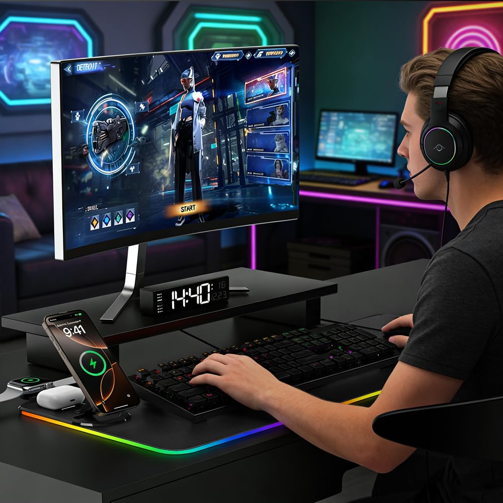 HomeBeyond Tappetino per mouse da gioco RGB, tappetino per mouse con ricarica wireless per cellulari, auricolari e Apple Watch, 15 modalità di illuminazione dinamica, grande tastiera da 31,5 x 11,8 cm
