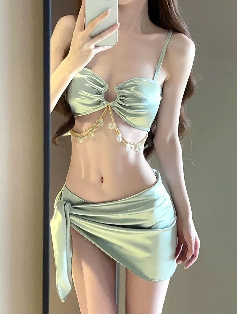 [Vlwm] 女性用 夏場 分体水着 披肩スタイル 薄手サテン ビーチウェア メタリックチェーン パール飾り 遮臀遮肉 夏季ビーチ・