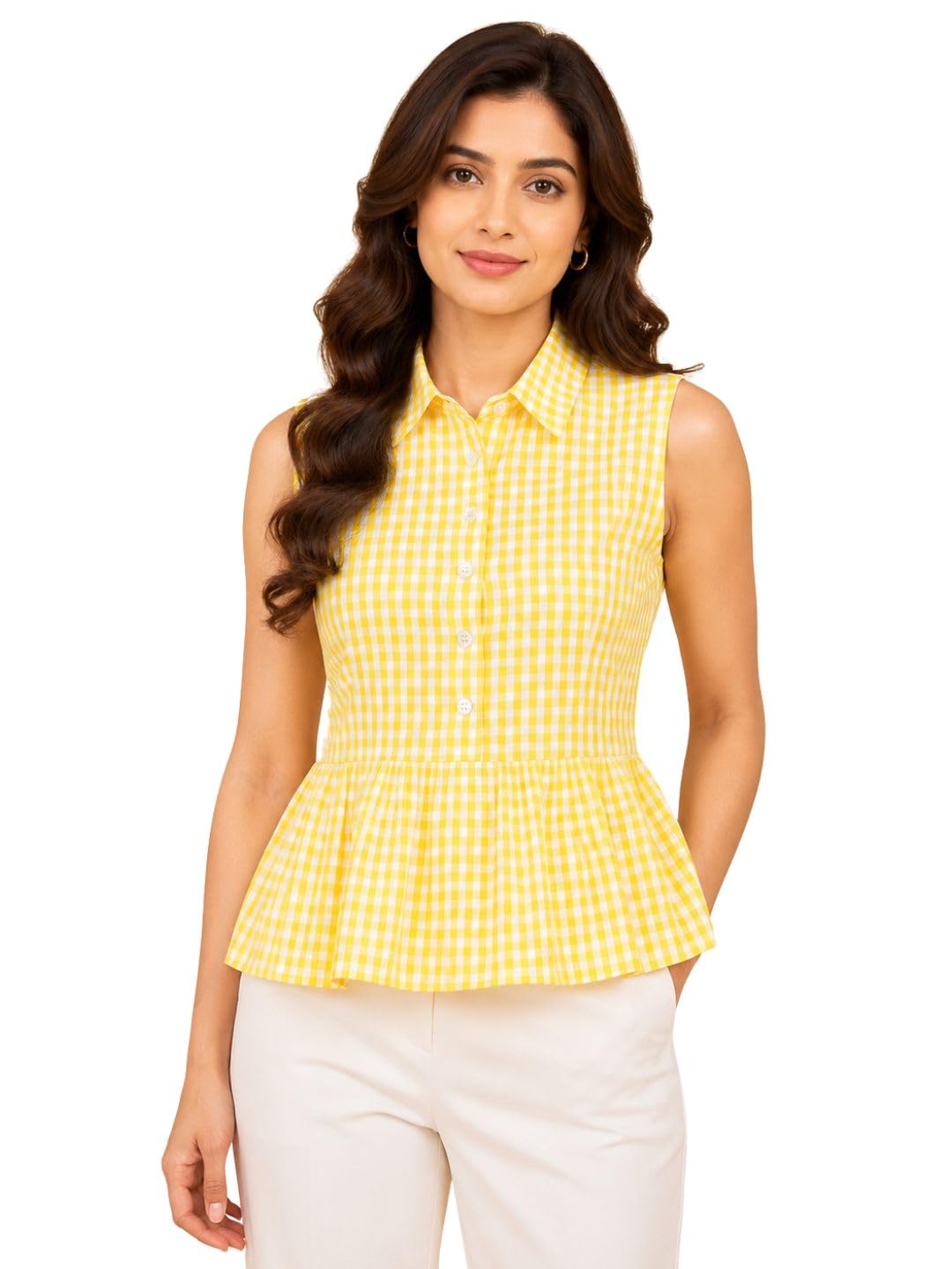 Women’s Yellow Checked Cotton Sleeveless Peplum Top Casual Summer Shirt Collar Blouse Fashion-picture-14