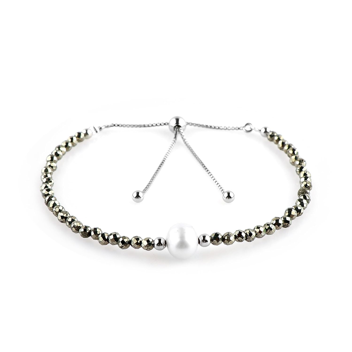 CRYSTALIS Natural Golden Pyrite Beads Slider Bracelet with Elegant Pearl, High Grade Beaded Crystals, Chakra Healing Gemstone, Gift Giving Women Jewelry, 925 Sterling Silver Slider 10 inch