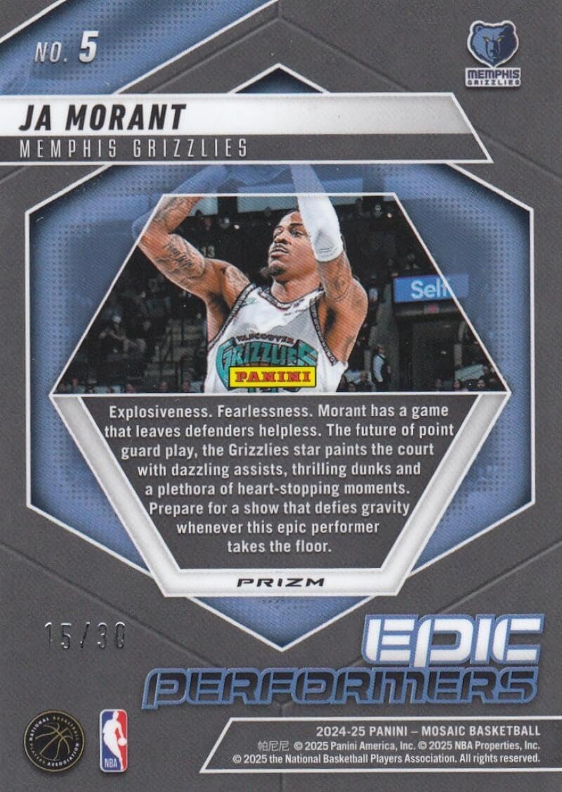 Basketball Trading Card 2024-25 Panini Mosaic Epic Performers Mosaic Blue Fluorescent #5 Ja Morant EX++ Excellent++ 15/30 Grizzlies