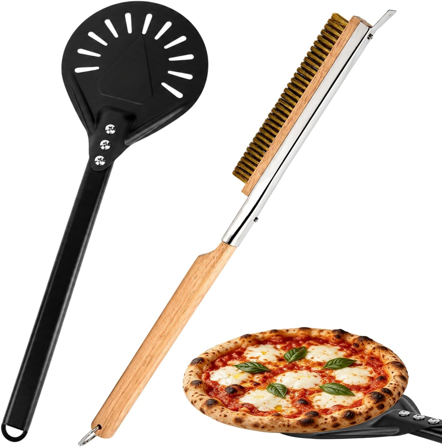 2 Pack Pizza Oven Accessories Kit with Pizza Turning Peel & Wire Cleaning Brush, Perforated Aluminum Pizza Peel with Long Handle and Cleaning Tools for Indoor Outdoor Ovens