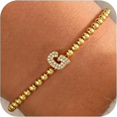 Zircon Initial Bracelet for Women - Never-Fade Personalized Jewelry, Dainty 14K Gold Plated Beaded Bracelets for Women Trendy Letter A-Z Personalized Jewelry Gifts