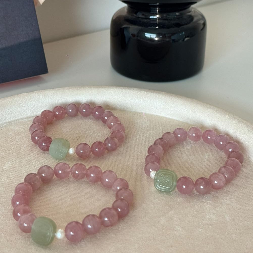 Pulsera de Cuarzo Rosa de Jade Natural para Mujer, Pulsera elástica con Cuentas de Jade Verde, Adecuada para Navidad, acción de Gracias por el Amor, meditación Reiki del Chakra,Rose Quartz
