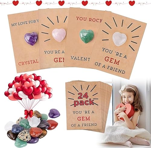 Miniatura 1 de Regalos del día de San Valentín para niños, paquete de 24 tarjetas de cristal de San Valentín, tarjetas del día de San Valentín con piedras de