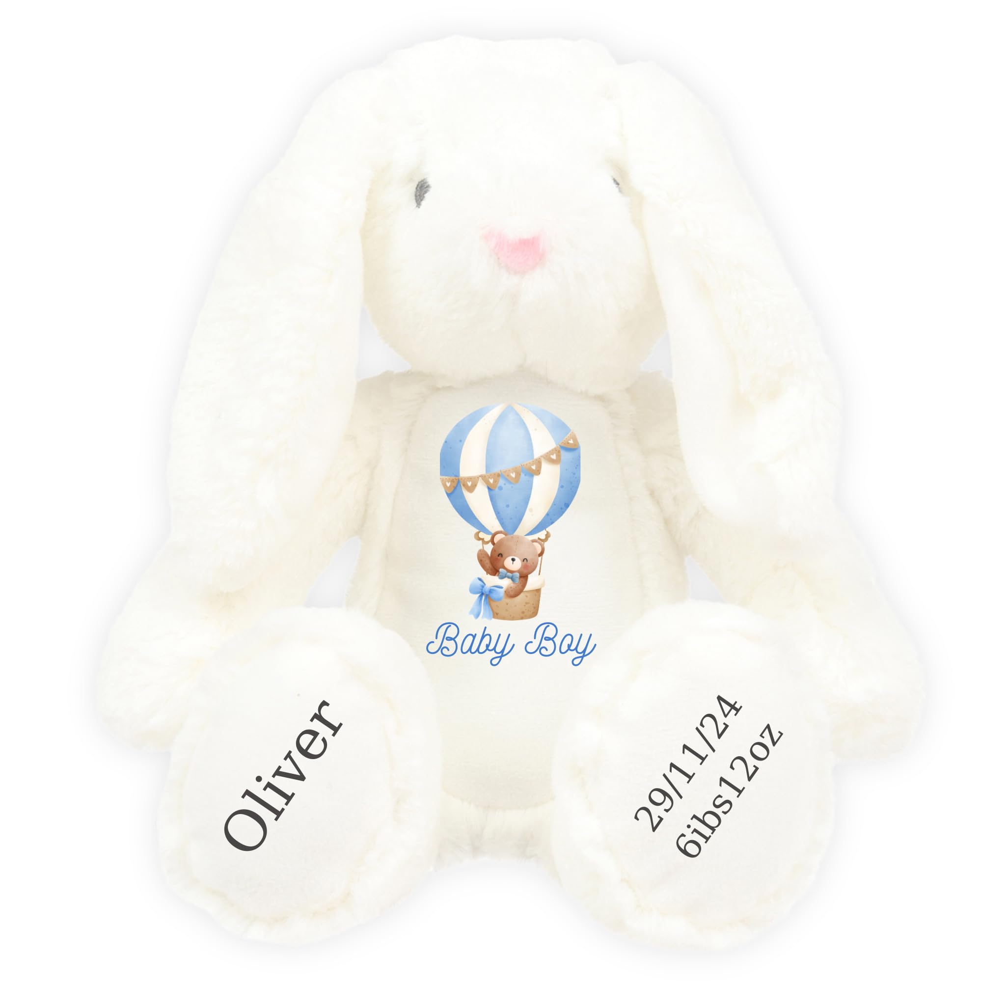 HotScamp Personalised Bunny Newborn Baby Boy New Birth Announcement Custom Plush Named Baby Name - Cuddly Toy Comforter Special Nursery Keepsake - White Bunny