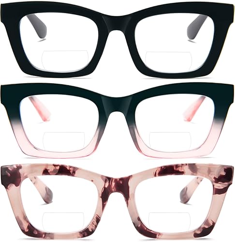REAVEE Paquete de 3 lentes de lectura bifocales para mujer, estilo Oprah multifocal, a la moda, lindos lectores cuadrados con bisagra de resorte