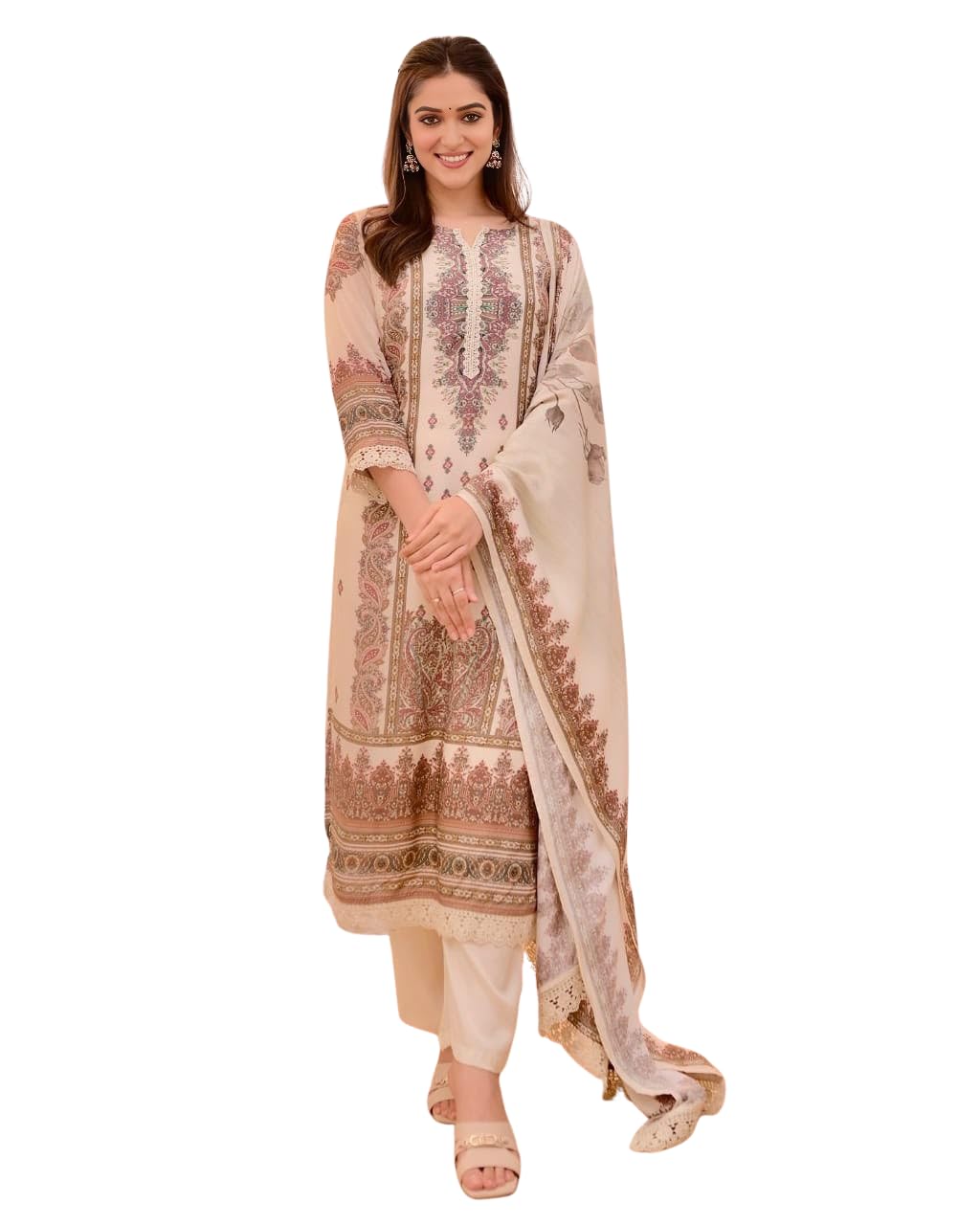 Yarvish Enterprises Zahra Serenity Soft Muslin Suit Set for Women | A-Line Kurti, Chanderi Pant & Printed Dupatta with Lac... - Review, Price and Buying Guide