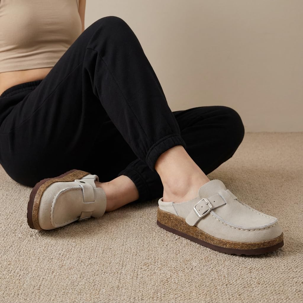 CUSHIONAIRE Hobby Genuine Leather Suede Mule Clogs for Women with Buckle Strap and Cork Footbed, Supportive All-Day Comfort in Womens Shoes - Image 6