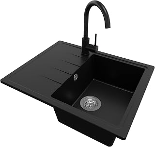 PRIMAGRAN Fregadero Granito Negro 62x50cm, Cocina 1 Seno + Grifo 32x20cm + Sifón, Sobre Encimera al Mueble 40cm - Milano S009