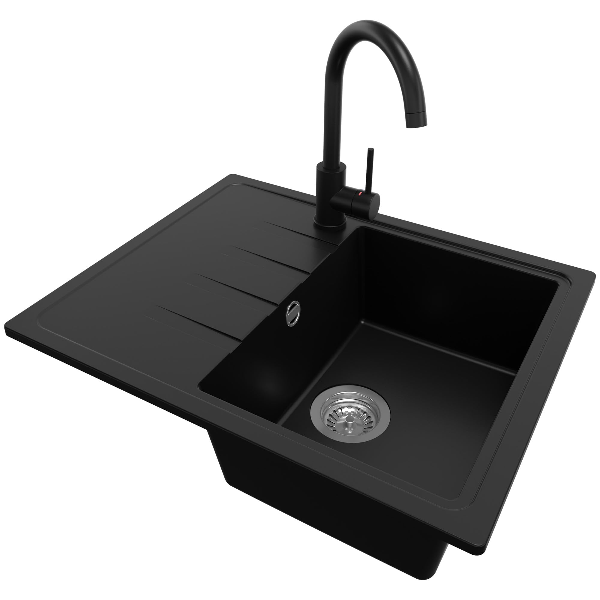 PRIMAGRAN Fregadero Granito Negro - Milano, 62x50cm | Cocina 1 Seno + Grifo 32x20cm + Set de accesorios, sobre Encimera al Mueble 40cm (S009)